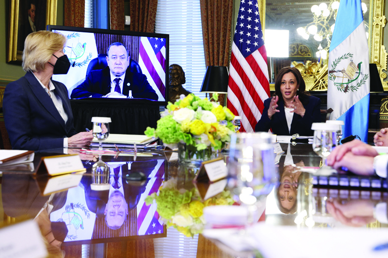 WASHINGTON, DC: US Vice President Kamala Harris participates in a virtual bilateral meeting with Guatemalan President Alejandro Giammattei at the Vice President's Ceremonial Office at Eisenhower Executive Office Building Monday.-AFPn