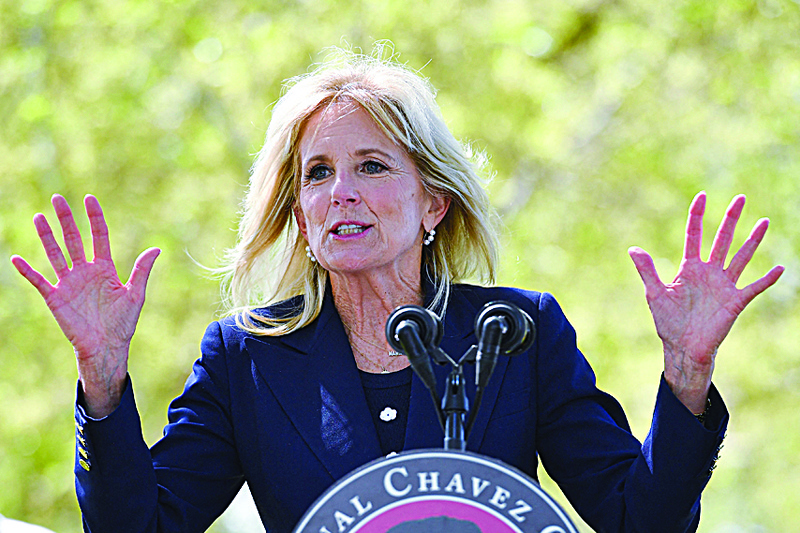 US First Lady Jill Biden speaks during a visit at The Forty Acres, the first headquarters of the United Farm Workers labor union, in Delano, California.-AFP n