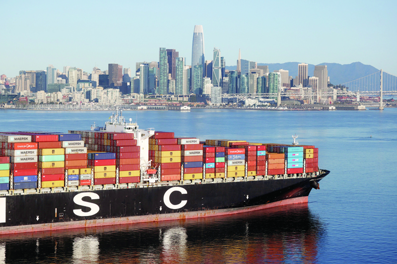 SAN FRANCISCO, California: A fully loaded container ship sits idle in the San Francisco Bay just outside of the Port of Oakland in San Francisco, California.-AFPn