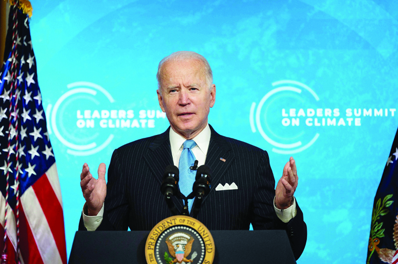 WASHINGTON: US President Joe Biden delivers remarks and participates in the virtual Leaders Summit on Climate Session 5: The Economic Opportunities of Climate Action from the White House yesterday. - AFP n
