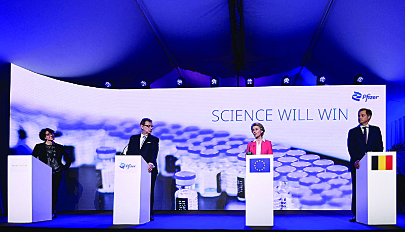 PUURS: (From left) German scientist, CMO and co-founder of BioNTech Ozlem Tureci, Pfizer CEO Albert Bourla, European Commission President Ursula von der Leyen and Belgium's Prime Minister Alexander De Croo address a press conference after a visit to oversee the production of the Pfizer-BioNtech COVID-19 vaccine at the factory of US pharmaceutical company Pfizer on Friday. - AFP n