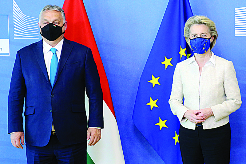 BRUSSELS: Hungarian Prime Minister Viktor Orban is welcomed by European Commission President Ursula von der Leyen in the Berlaymont building at the EU headquarters on Friday. - AFP n