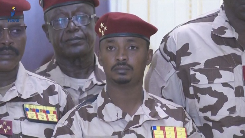 This video grab obtained by AFPTV from Tele Tchad shows Mahamat Idriss Deby, 37, the son of slain Chadian President Idriss Deby Itno, at the announcement of the death of his father in N'Djamena.—AFPn