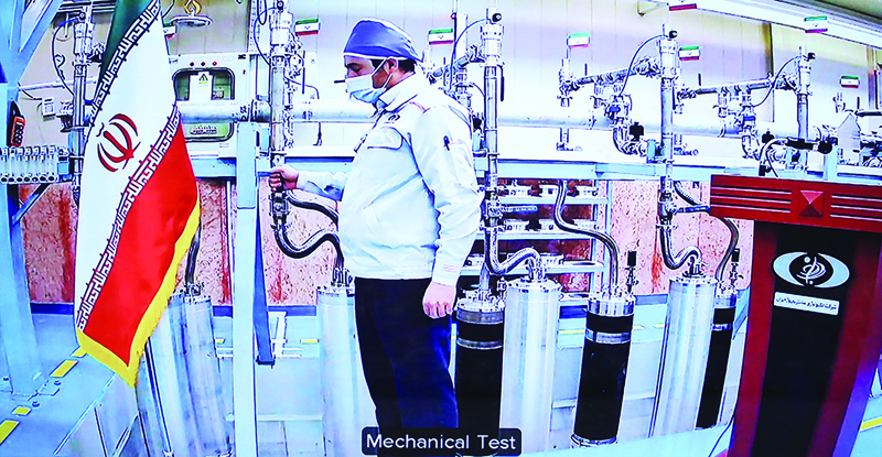 TEHRAN: A screen grab from a videoconference showing an engineer inside Iran's Natanz uranium enrichment plant during a ceremony headed by the country's president on Iran's National Nuclear Technology Day, in the capital on Saturday. -- AFPn