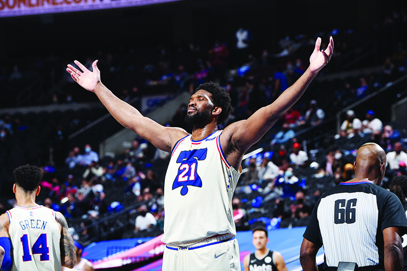 PHILADELPHIA: Joel Embiid of the Philadelphia 76ers reacts during a game against the Brooklyn Nets on Friday at Wells Fargo Center in Philadelphia, Pennsylvania. — AFP