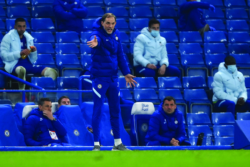 LONDON: Chelsea's German head coach Thomas Tuchel shouts instructions to his players from the touchline during the English Premier League football match between Chelsea and Brighton and Hove Albion at Stamford Bridge in London on April 20, 2021. - AFPn