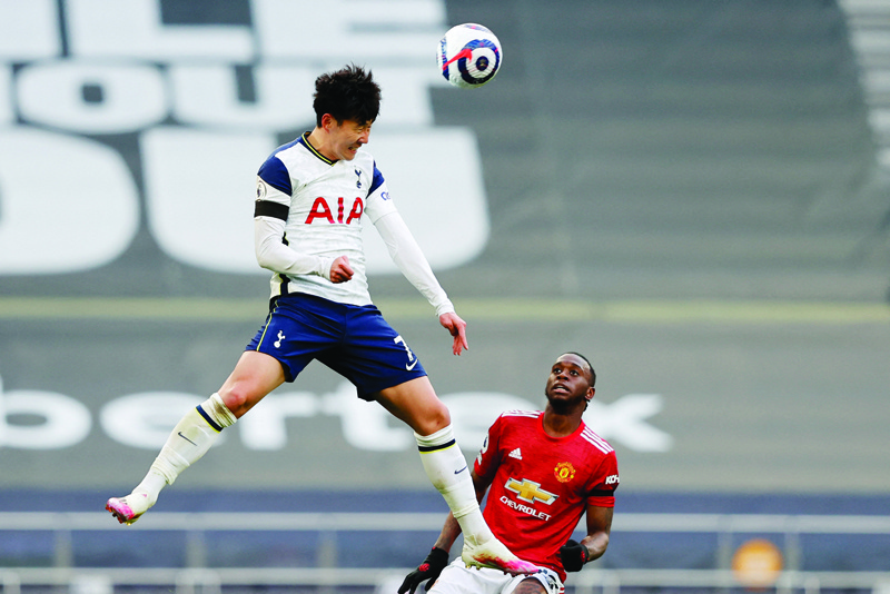 LONDON: Tottenham Hotspur's South Korean striker Son Heung-Min heads the ball during the English Premier League football match between Tottenham Hotspur and Manchester United at Tottenham Hotspur Stadium in London, on Sunday. - AFPn