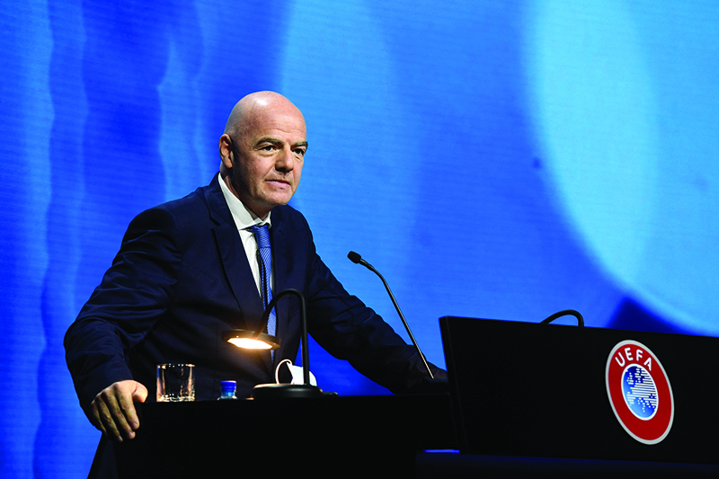 MONTREUX: In this handout photograph released by UEFA yesterday, FIFA president Gianni Infantino addresses the UEFA Congress in Montreux. - AFPn