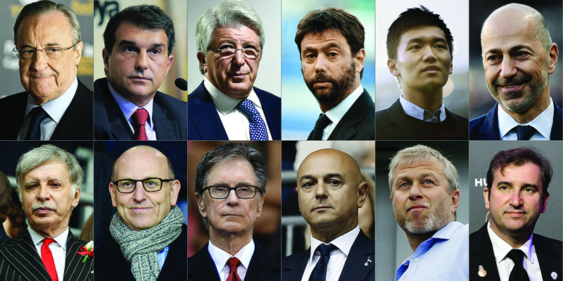 DUBAI: This combination of pictures shows the owners or chairmen of the 12 major European Football clubs that announced the launch of a breakaway European Super League. (From top left to bottom right) Real Madrid's Florentino Perez, FC Barcelona's Joan Laporta, Atletico Madrid's Enrique Cerezo, Juventus's Andrea Agnelli, Inter Milan's Steven Zhang, AC Milan's Ivan Gazidis, Arsenal's Stan Kroenke, Manchester United's Joel Glazer, Liverpool's John W Henry, Tottenham Hotspur's chairman Daniel Levy, Chelsea's Roman Abramovich and Manchester City's Ferran Soriano. – AFP n
