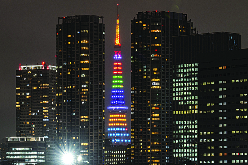 TOKYO: This picture shows the Tokyo Tower, Japan's second-tallest structure at 332.9 meters (1,092 feet), lit up with Olympic colors to mark 100 days till the Tokyo 2020 Olympic Games in Tokyo yesterday. - AFPn