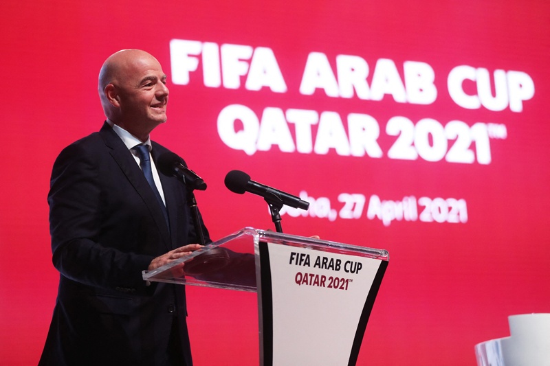 DOHA: This handout picture released and taken on Tuesday by the FIFA shows Gianni Infantino, President of FIFA, speaking during the FIFA Arab Cup Qatar 2021 Official Draw at Katara Opera House in Qatari capital Doha. - AFPn