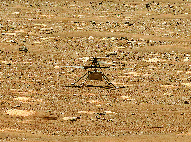 NASA's Ingenuity helicopter unlocks its rotor blades, allowing them to spin freely, on April 7, 2021, the 47th Martian day, or sol, of the mission, captured by the Mastcam-Z imager on NASA's Perseverance Mars rover on the following sol, April 8, 2021. - AFP n