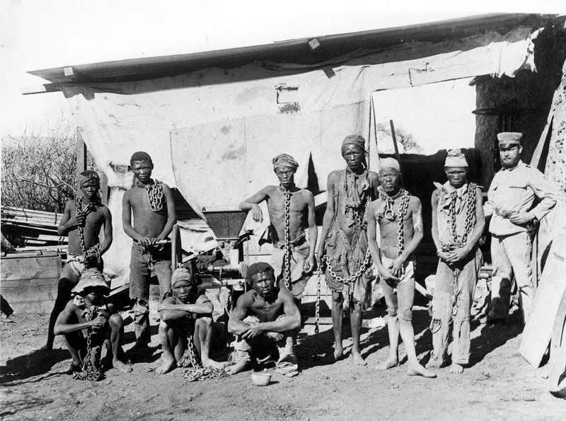 WINDHOEK, Namibia: This undated file photo taken during the 1904-1908 war of Germany against Herero and Nama in Namibia shows a soldier (right) probably belonging to the German troops supervising Namibian war prisoners. -AFP n