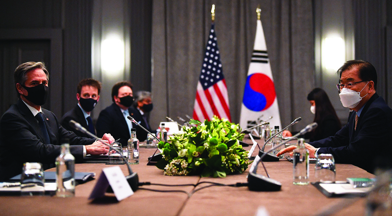LONDON: US Secretary of State Antony Blinken (left) speaks with South Korea's Foreign Minister Chung Eui-yong (right) during a bilateral meeting yesterday during the G7 foreign ministers meeting. – AFPn