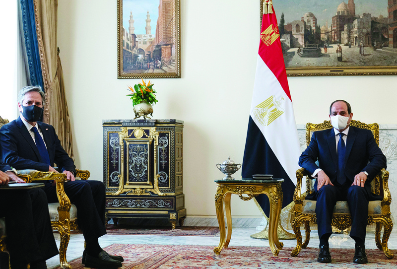 (Left) US Secretary of State Antony Blinken meets Egypt's President Abdel Fattah Al-Sisi at the Heliopolis Presidential Palace in Cairo and (right) Jordan's King Abdullah II at Bayt Al-Urdon in Amman yesterday. - AFP n