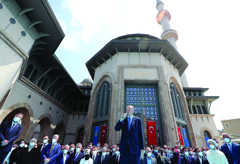 ISTANBUL: Turkish President Recep Tayyip Erdogan speaks during the opening ceremony of Taksim Mosque in Taksim Square on Friday. - AFP n