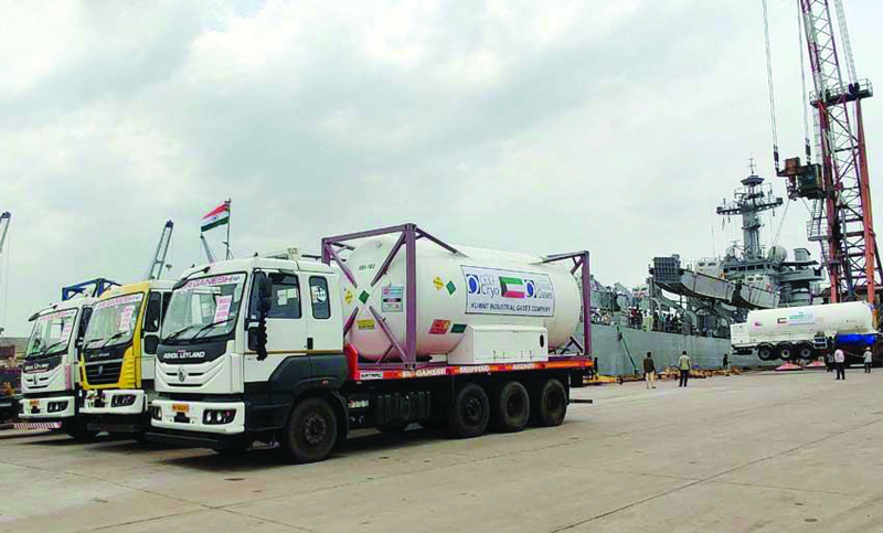 NEW DELHI: Oxygen containers donated by Kuwait seen after their arrival to India. - KUNAn