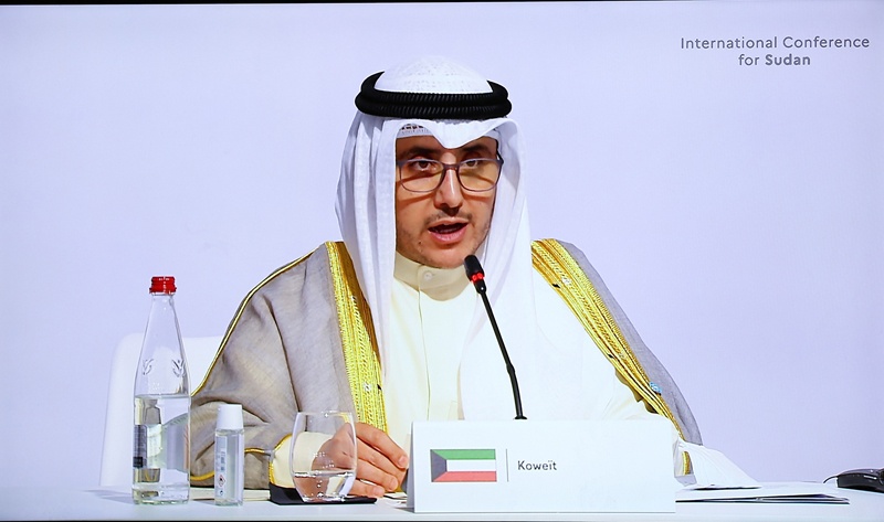 PARIS: Kuwait's foreign minister Sheikh Dr Ahmad Nasser Al-Mohammad Al-Sabah speaks at the international conference for Sudan, in Paris, France on Monday. - AFPn