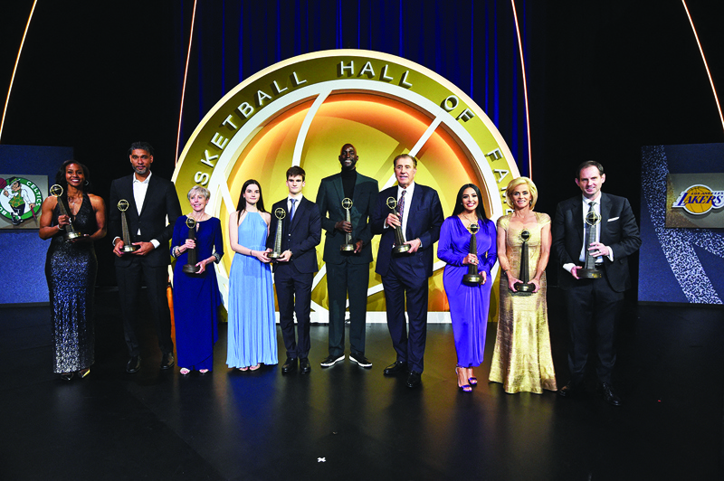 UNCASVILLE: Class of 2020 Basketball Hall of Fame Class poses for a group photo during Enshrinement Ceremony on Saturday at the Mohegan Sun Arena at Mohegan Sun in Uncasville, Connecticut. - AFP n