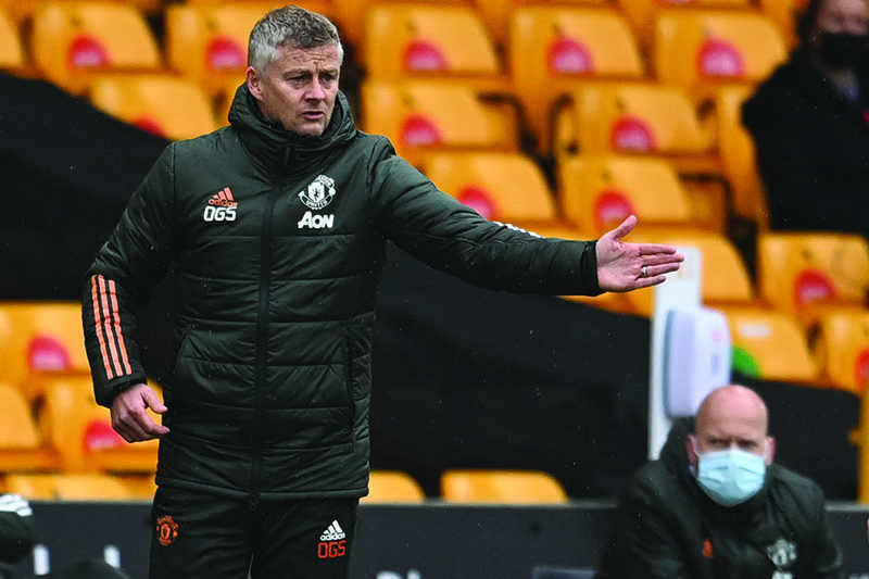 WOLVERHAMPTON: Manchester United's Norwegian manager Ole Gunnar Solskjaer gestures during the English Premier League football match between Wolverhampton Wanderers and Manchester United at the Molineux stadium in Wolverhampton, central England on May 23, 2021. – AFPnn