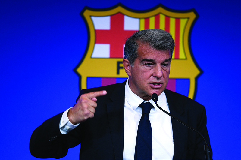 BARCELONA: FC Barcelona president Joan Laporta holds a press conference at the Auditorium 1899 of the Camp Nou stadium in Barcelona, on Friday. - AFPn