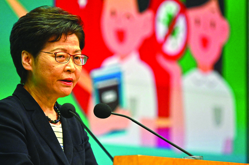 HONG KONG: Hong Kong Chief Executive Carrie Lam speaks during her weekly press conference at the government headquarters in Hong Kong yesterday. - AFPn