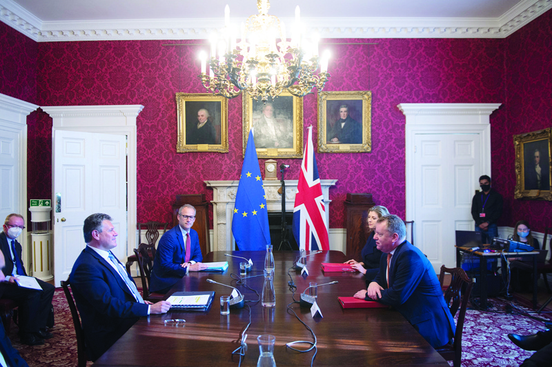 LONDON: European Commission vice-president Maros Sefcovic (left) and his UK counterpart David Frost take part in the first meeting of the Partnership Council followed by the eighth meeting of the Withdrawal Agreement Joint Committee in London. - AFPn