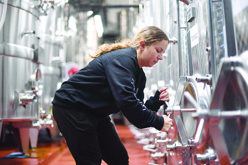 BURGESS HILL: A worker inspects wine vats at Ridgeview Estate's winery near Burgess Hill, southern England. Problems have shaken the lives of many businesses across the country since the UK's effective exit from the single market in early January, without it being yet possible to know whether they will be temporary or sustainable. - AFPnn