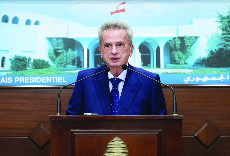 BEIRUT: In this file handout photo picture provided by the Lebanese photo agency Dalati and Nohra shows Lebanon's Central Bank Chief Riad Salameh addressing the media after a meeting with the Lebanese president at the Baabda presidential palace.-AFPnn