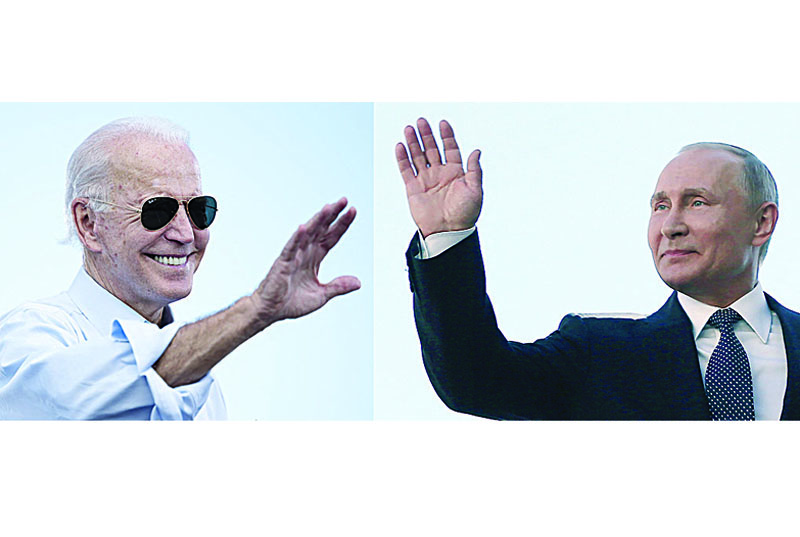MOSCOW: This combination of file pictures created on June 4, 2021 shows then US vice-President Joe Biden (L) at a Drive-in event in Coconut Creek, Florida on October 29, 2020 and Russian President Vladimir Putin following his inauguration ceremony at the Kremlin in Moscow on May 7, 2018. - AFPnn