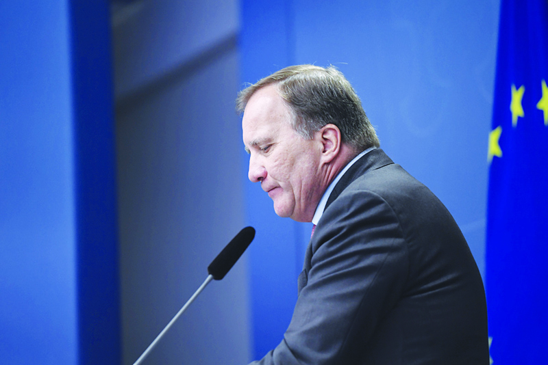 STOCKHOLM: Sweden's Prime Minister Stefan Loefven addresses a press conference yesterday at Rosenbad in Stockholm, where he announced his resignation one week after he lost a vote of no confidence in parliament. - AFPn