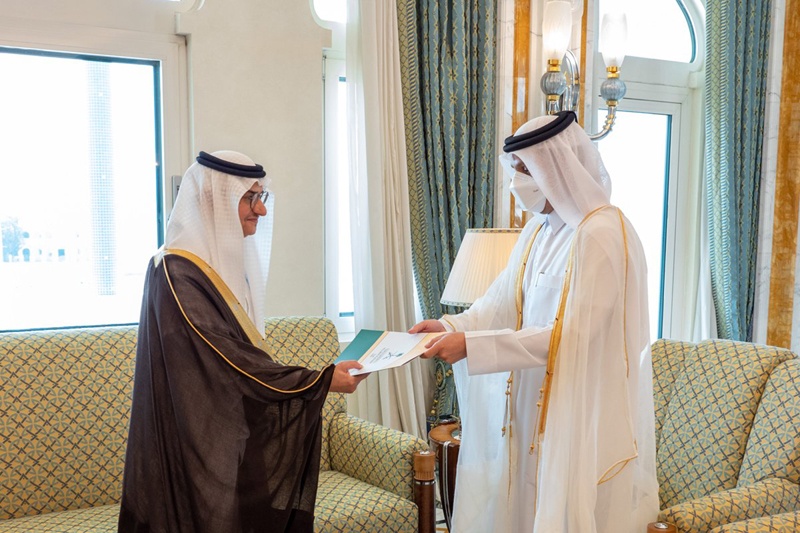 DOHA: Qatari Deputy Prime Minister and Minister of Foreign Affairs Sheikh Mohammed bin Abdulrahman Al-Thani (right) receives a copy of the credentials of Saudi Ambassador Prince Mansour bin Khalid bin Farhan Al-Saud yesterday. - AFP n