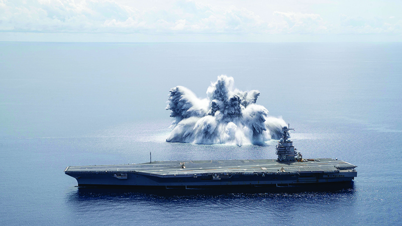 The aircraft carrier USS Gerald R Ford completes the first scheduled explosive event of Full Ship Shock Trials in the Atlantic Ocean on June 18, 2021. - AFP n