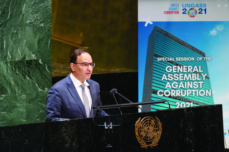 NEW YORK: Ambassador Mansour Al-Otaibi, Kuwait's Permanent Delegate to the UN, speaks before the 32nd General Assembly on anti-corruption. - KUNAn