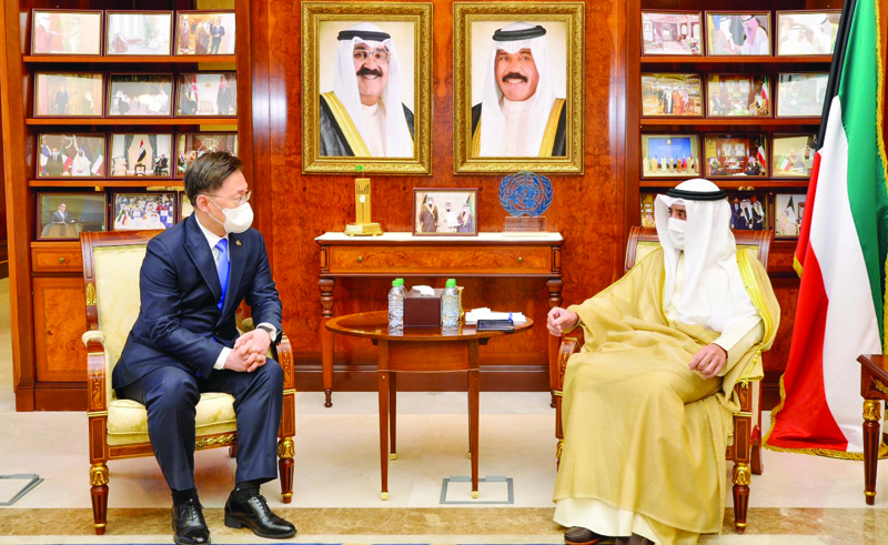 Foreign Minister Sheikh Dr Ahmad Nasser Al-Mohammad Al-Sabah meets the South Korean Ambassador to Kuwait Chung Ha.n