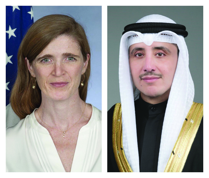 USAID Director Samantha Power (left) and Kuwait's Foreign Minister Sheikh Dr Ahmad Al-Sabahn