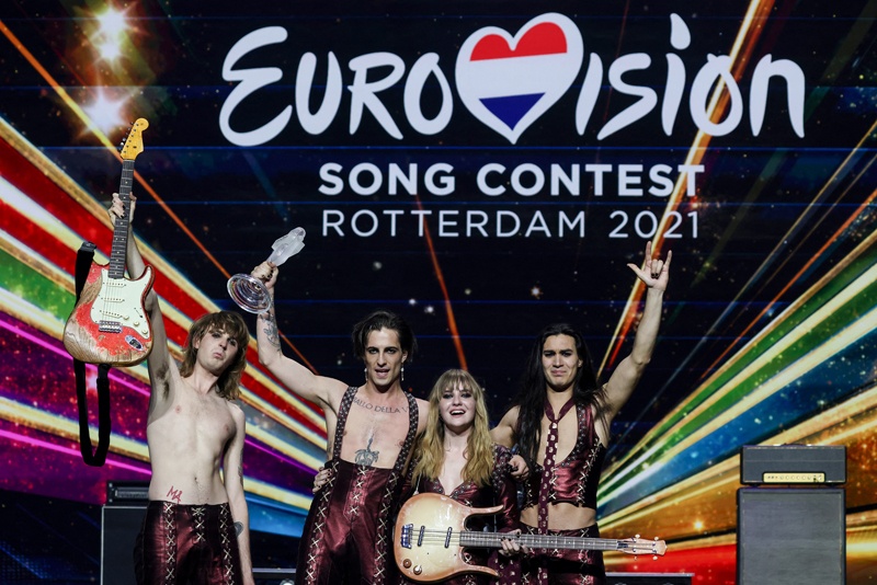 Italy’s Maneskin pose for pictures on stage with the trophy after winning the final of the 65th edition of the Eurovision Song Contest 2021, at the Ahoy convention center in Rotterdam. — AFP n