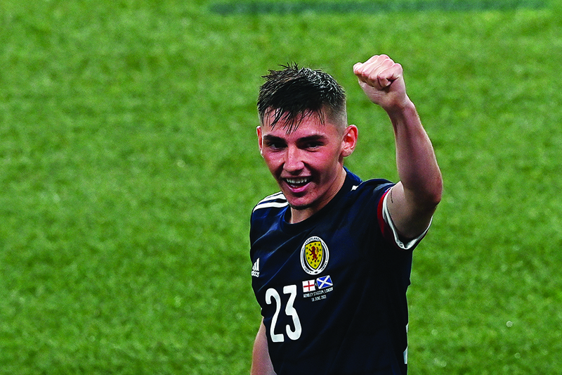 LONDON: Scotland's midfielder Billy Gilmour - star of the match - reacts after the UEFA EURO 2020 Group D football match between England and Scotland at Wembley Stadium in London on Friday. - AFP n