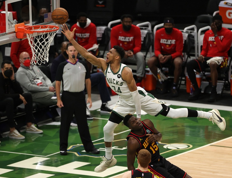 MILWAUKEE: Giannis Antetokounmpo #34 of the Milwaukee Bucks goes up for a shot against Clint Capela #15 of the Atlanta Hawks during the second half in game two of the Eastern Conference Finals at Fiserv Forum on Friday in Milwaukee, Wisconsin. - AFPn