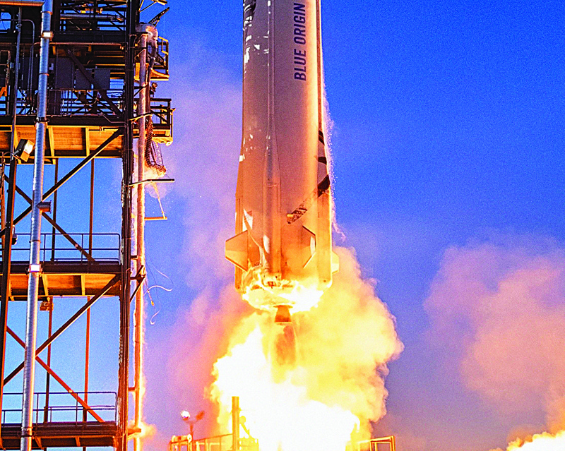 WEST TEXAS: File photo obtained May 19, 2021, courtesy of Blue Origin, shows a close-up of the New Shepard rocket as it launches in West Texas. – AFPn