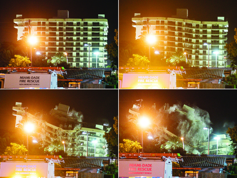 Surfside, Florida: This combination of pictures created on July 4, 2021 shows the rest of the Champlain South tower just before being demolished (top L) and as it is demolished by a controlled explosion in Surfside. - AFP n