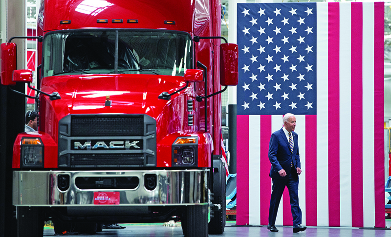 MACUNGIE, US: US President Joe Biden arrives to speak about American manufacturing and the American workforce after touring the Mack Trucks Lehigh Valley Operations Manufacturing Facility in Macungie, Pennsylvania. - AFPn
