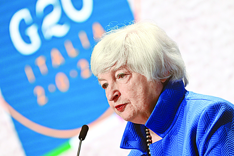 VENICE: US Treasury Secretary Janet Yellen speaks during a press conference during the G20 finance ministers and central bankers meeting in Venice yesterday. - AFPnn