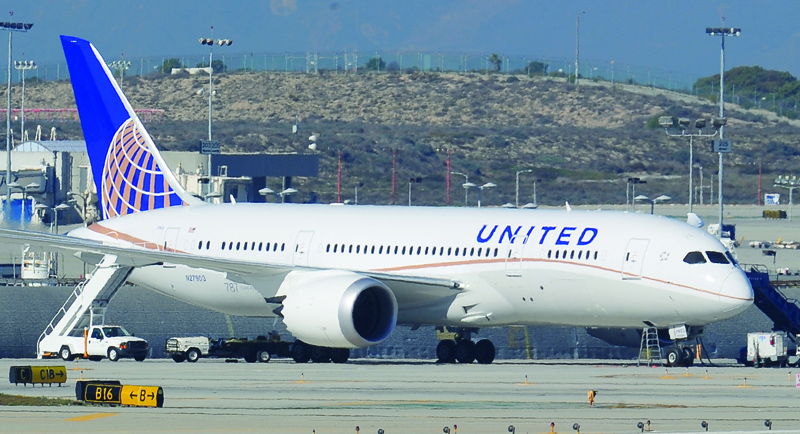 LOS ANGELES: In this file photo a grounded United Boeing 787 Dreamliner is seen on the tarmac at Los Angeles International Airport. - AFPn