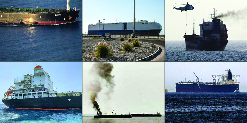 This combination of file pictures shows (top left to right) damage to the hull of the Iranian-flagged Sabiti tanker; damaged Zionist-owned Bahamian-flagged MV Helios Ray cargo ship docked in Dubai's Port Rashid; Iranian forces in a helicopter boarding a tanker in international waters in the Gulf of Oman; (bottom left to right) damage to Japanese oil tanker Kokuka Courageous off the port of Fujairah; a burning oil tanker in the Mediterranean off the Syrian coast; damaged Saudi oil tanker Amjad off the coast of Fujairah. - AFP n