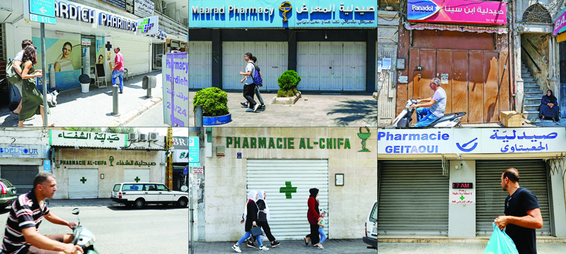 This combination of pictures created on July 9, 2021 shows shuttered doors of pharmacies in Lebanon during a nationwide strike to protest against a severe shortage of medicine. - AFP n