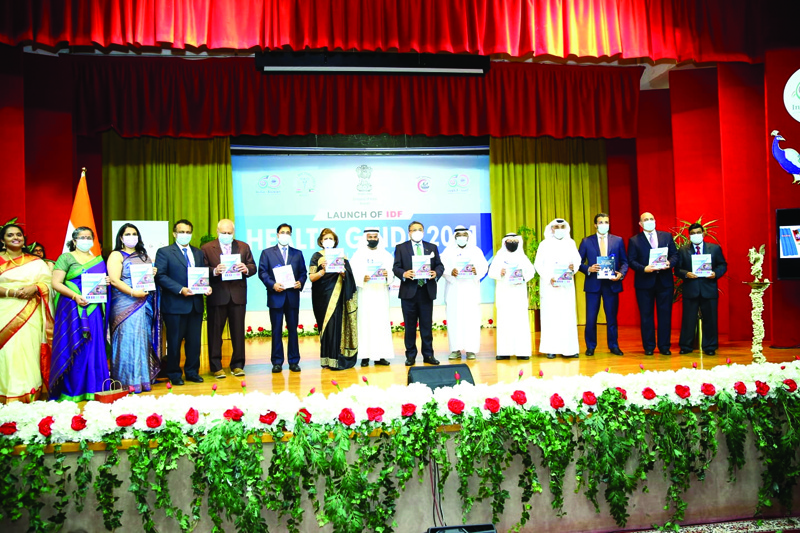 KUWAIT: Indian Ambassador Sibi George, Mohammad Al-Kashti, Dr Ahmad Thuwaini Al-Eneizi, Dr Fawaz Al-Refaee, Dr Amir Ahmed and senior doctors during the launch of the 'Indian Doctors Forum Health Guide 2021' at the Indian Embassy on Saturday.nn