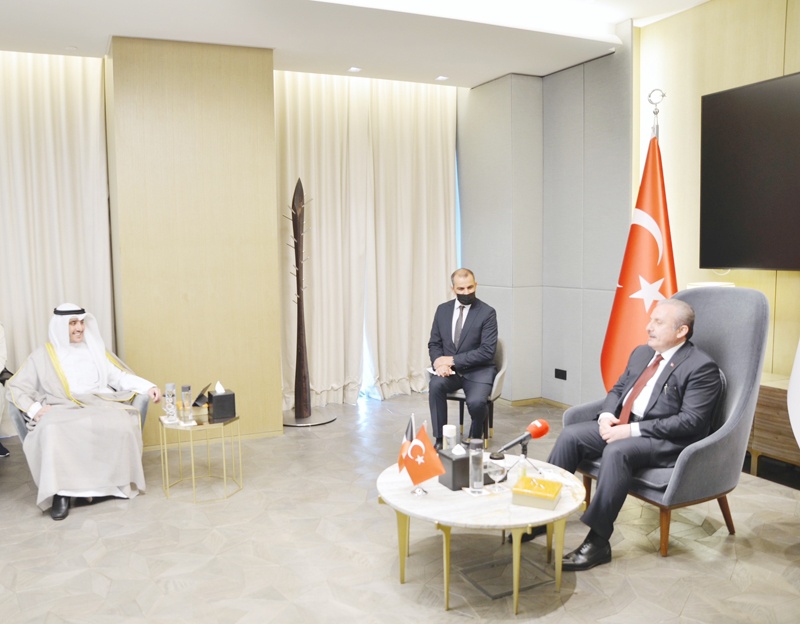 KUWAIT: Kuwait's Foreign Minister and Minister of State for Cabinet Affairs Sheikh Dr Ahmad Nasser Al-Mohammad Al-Sabah meets the Speaker of the Grand National Assembly of Turkey Mustafa Sentop. - KUNAnn