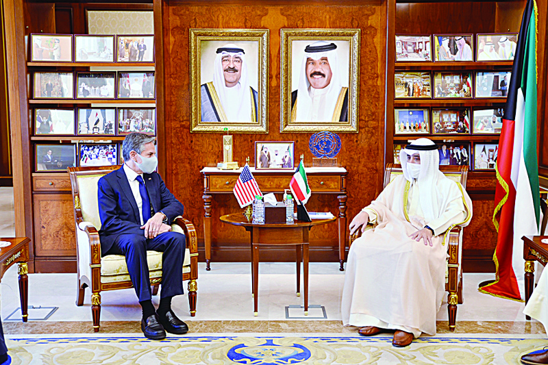 KUWAIT: Kuwait's Minister of Foreign Affairs and Minister of State for Cabinet Affairs Sheikh Dr Ahmad Nasser Al-Mohammad Al-Sabah meets the US Secretary of State Antony Blinken. - KUNAn