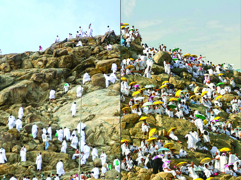 MECCA: A combination of file pictures shows (left) few Muslim pilgrims praying on Mount Arafat, also known as Jabal al-Rahma (Mount of Mercy), southeast of the holy city of Mecca, during the climax of the Hajj pilgrimage amid the COVID-19 pandemic on July 30, 2020 and (right) pilgrims gathering on Mount Arafat early on August 20, 2018. - AFPn